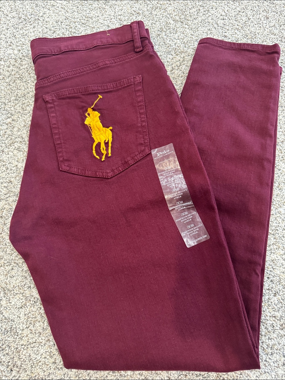 Ralph Lauren Women's Burgundy Jeans with Yellow Polo Logo